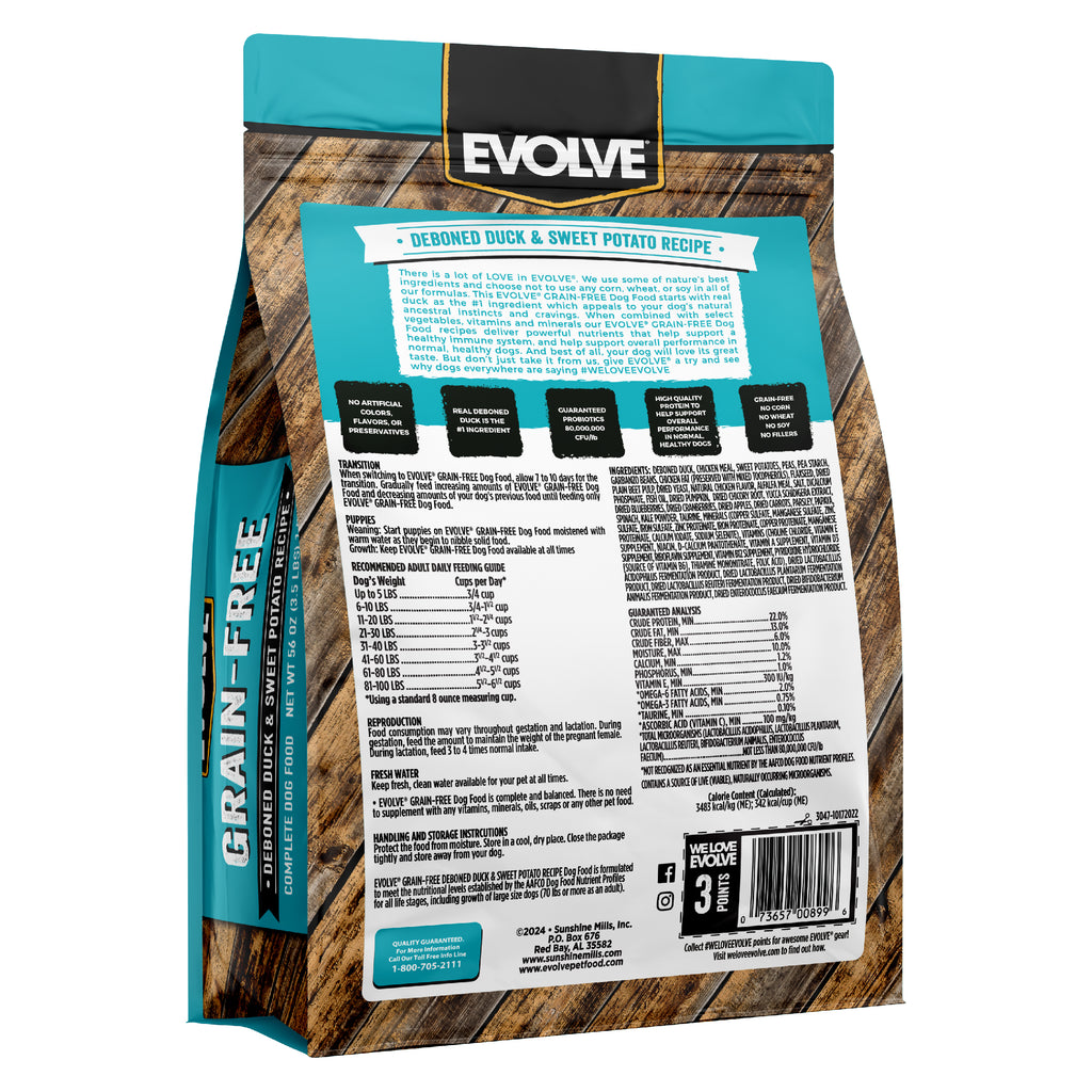 Grain Free Duck & Sweet Potato Recipe Dog Food | 3.5 LB, 12 LB | Evolve