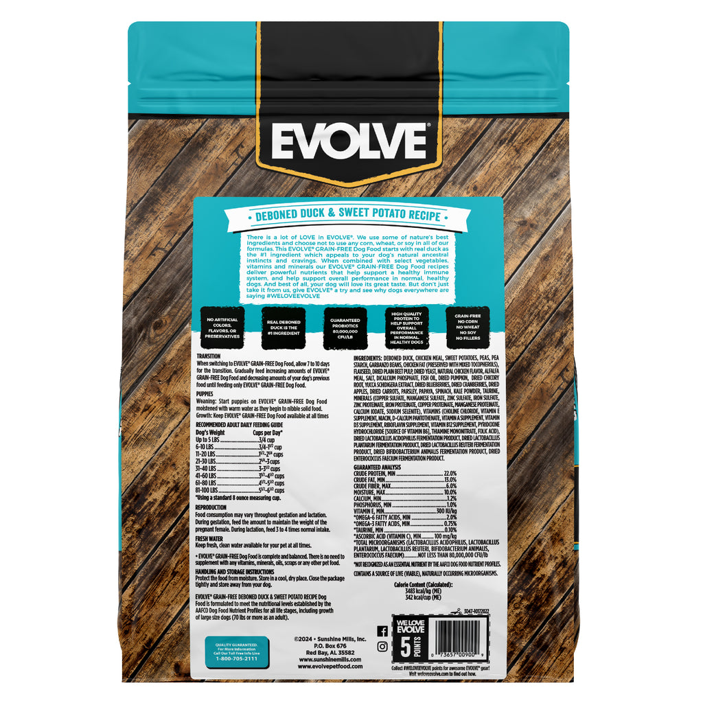 Grain Free Duck & Sweet Potato Recipe Dog Food | 3.5 LB, 12 LB | Evolve